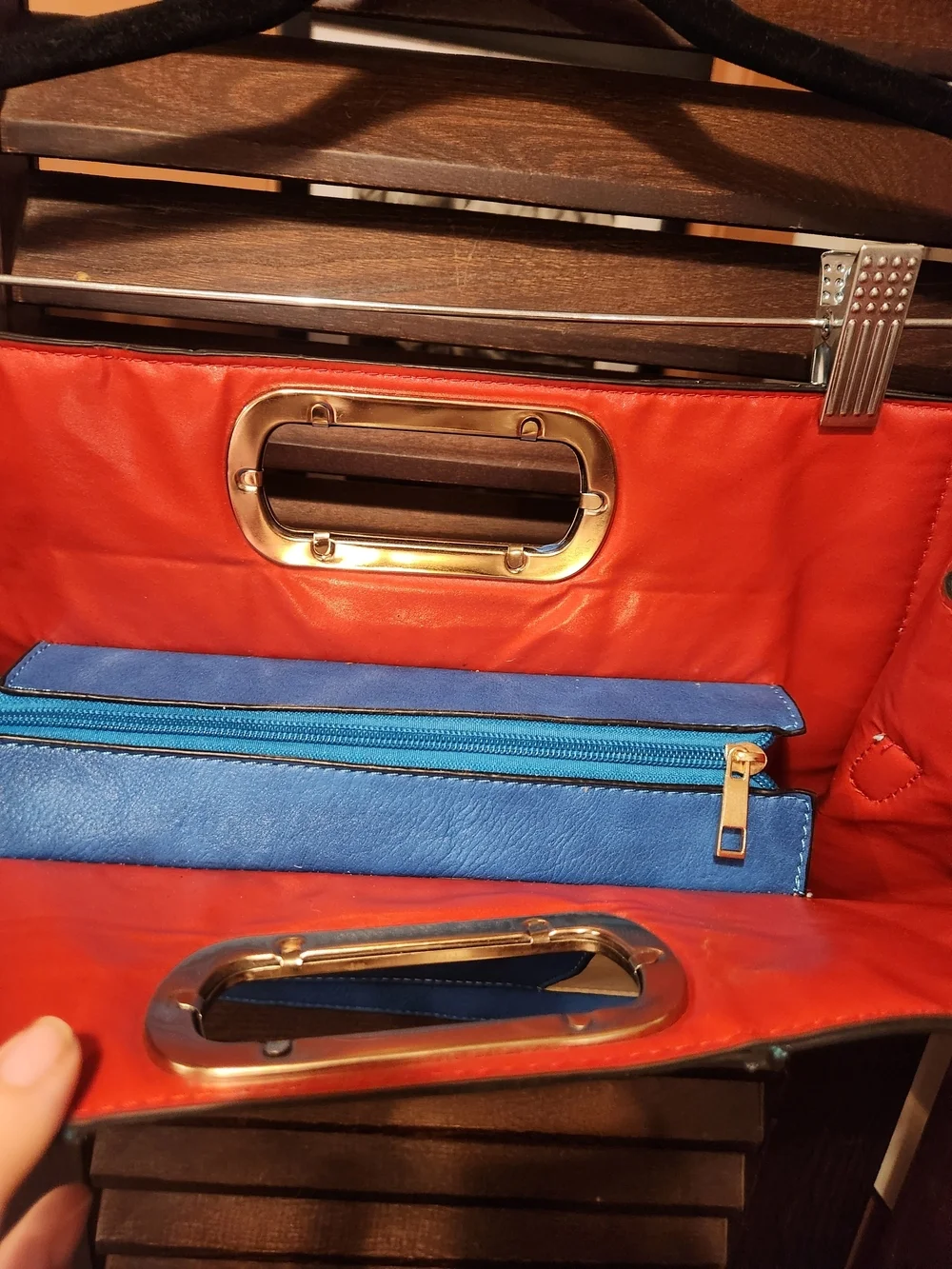 Blue and Cream Colorblock Handle Clutch Bag with Red Interior